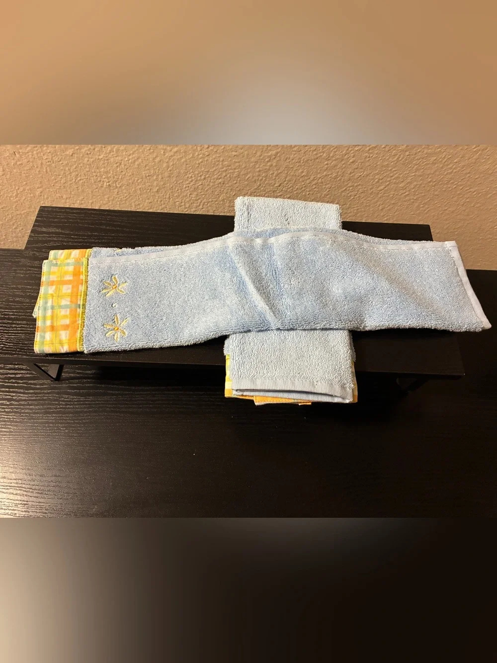 Vintage Towel Embroidered Pair Terry Cloth Flowers Plaid Border Hand Towel